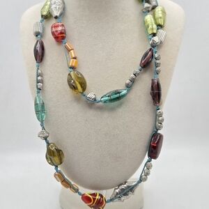 Marc Labat Paris Vintage Bohemian Art Glass & Mixed Metal Beaded Necklace - 36"